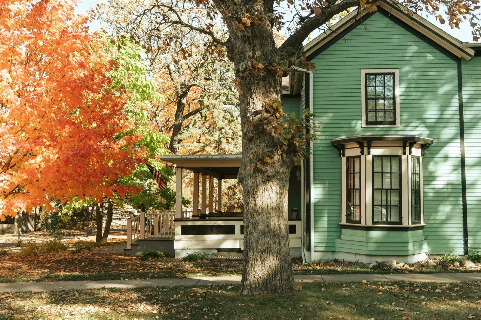 Classic craftsman-style home with covered front porch, bay windows, and sage green siding surrounded by fall foliage in Coon Rapids, MN. Northern Forge Construction window and door replacement services