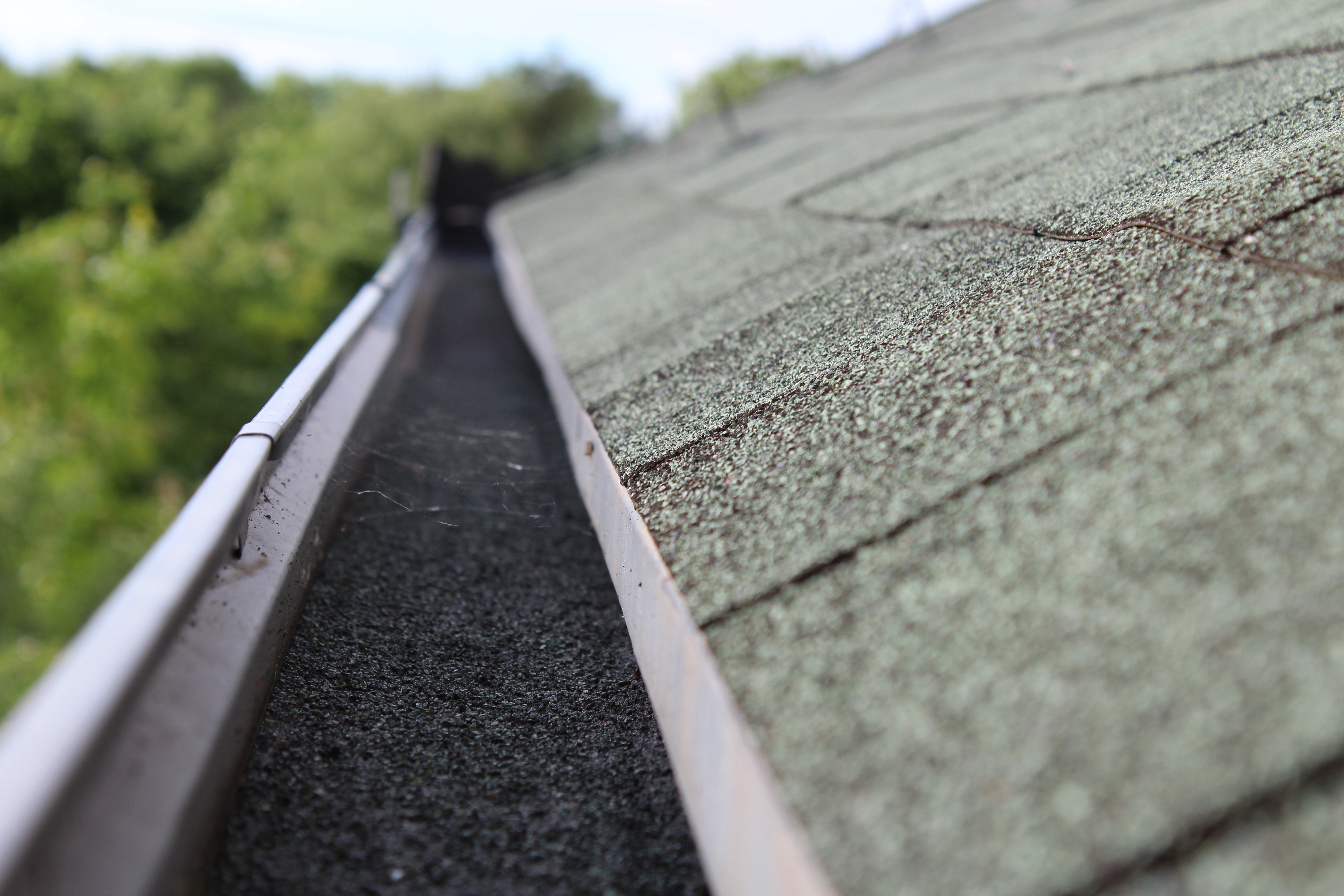 Granule loss from hail damage — shingle material collecting in gutters
